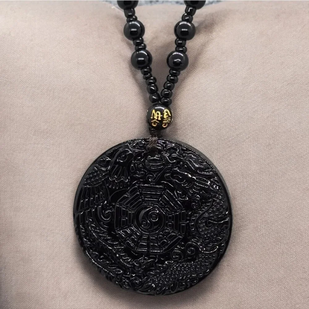 Black Obsidian Dragon Phoenix Pendant Necklace Feng Shui Good Luck Charm Fantasy